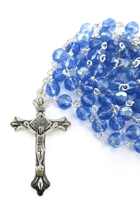 rosario semicristallo azzurro mm 6 con legatura in metallo