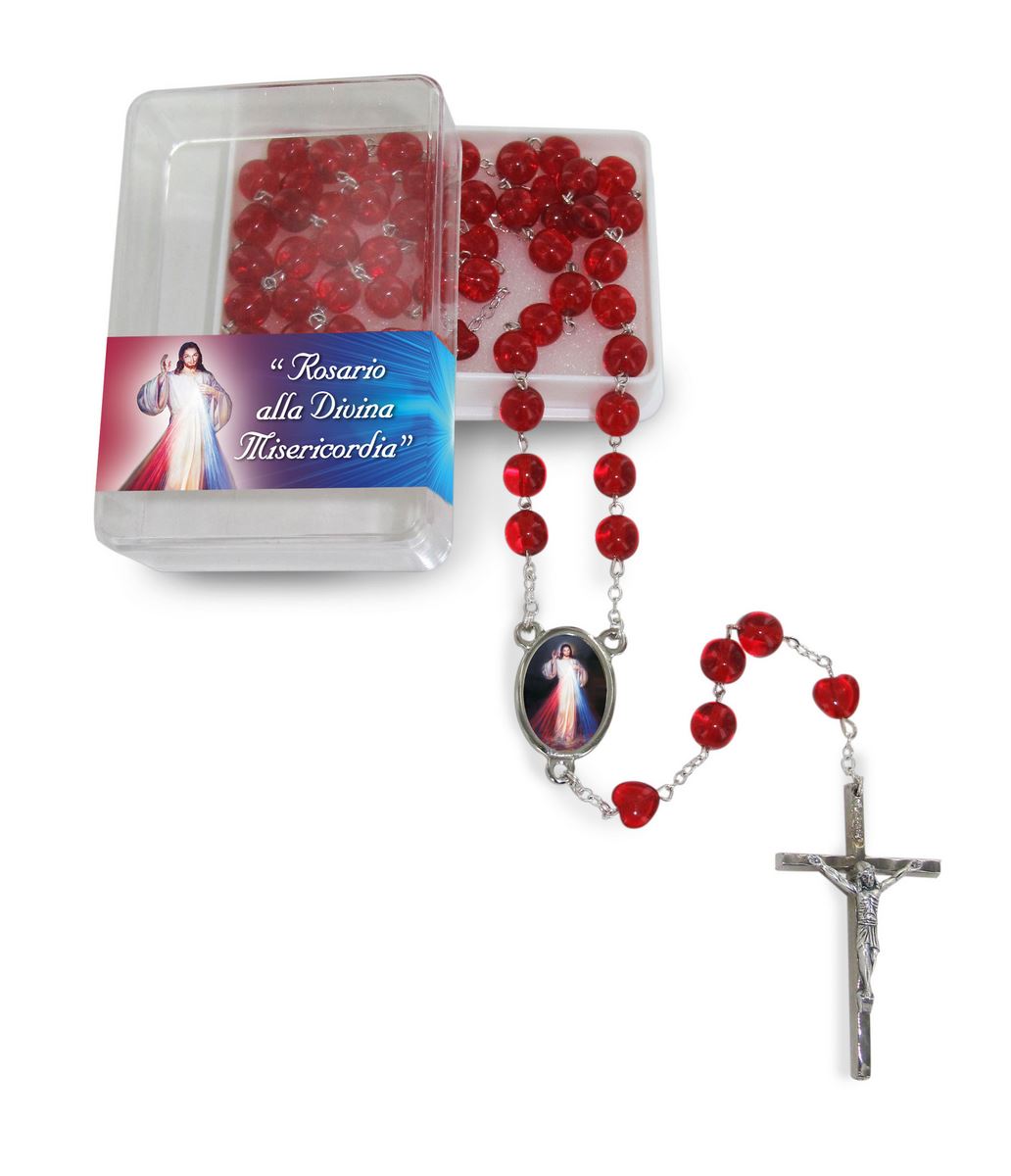rosario divina misericordia con grani in vetro rosso da 8 mm con scatolina