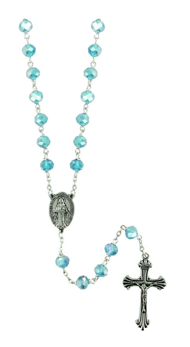 rosario cristallo sfaccettato con grani mm 6 colore acqua marina trasparante legatura in metallo