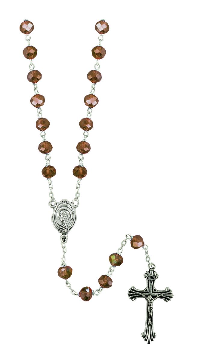 rosario con grani in cristallo sfaccettato da Ø 6 mm e legatura in metallo - colore marrone
