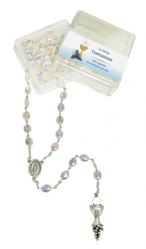 rosario prima comunione in vetro perlato con scatolina - italiano