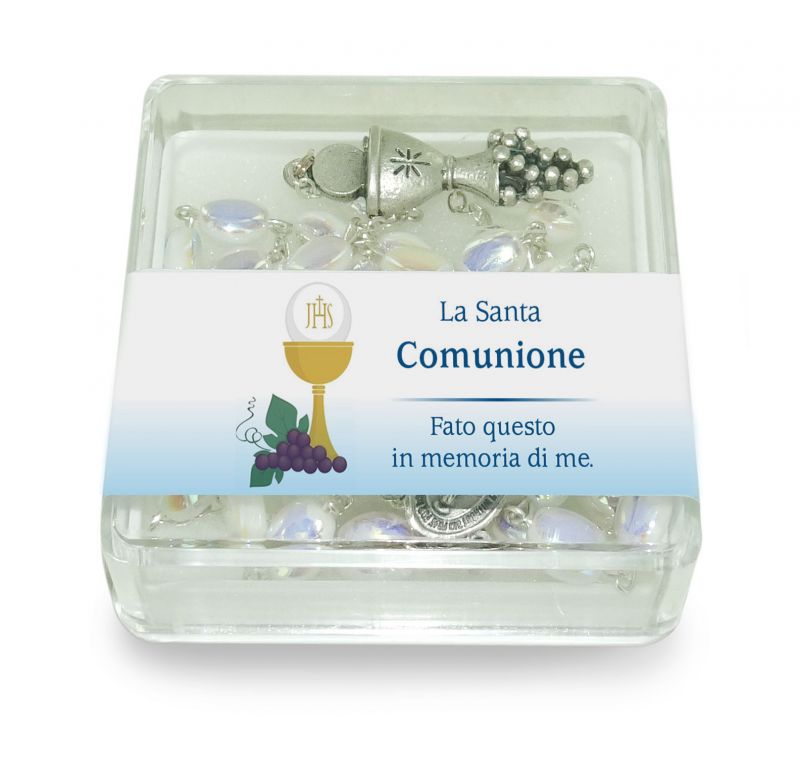 rosario prima comunione in vetro perlato con scatolina - italiano