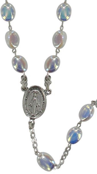 stock:rosario vetro bianco irridescente  legatura a mano in metallo argentato