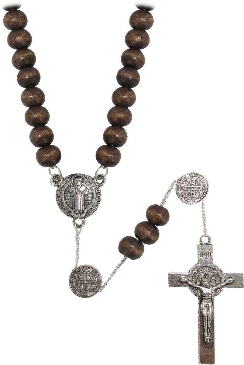rosario di san benedetto in legno tondo marrone diametro 7 mm con pater e legatura in metallo e chiusura con moschettone