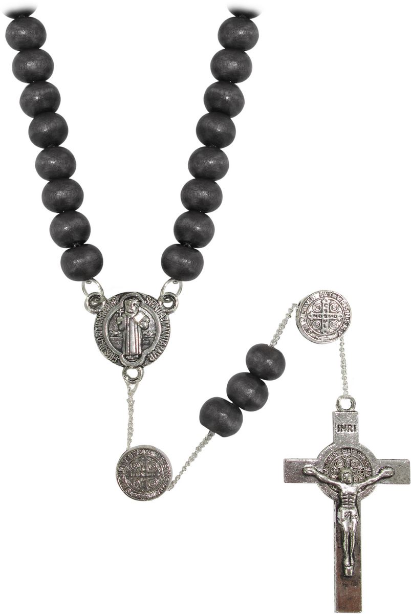 rosario di san benedetto in legno tondo nero diametro 7 mm con pater e legatura in metallo e chiusura con moschettone