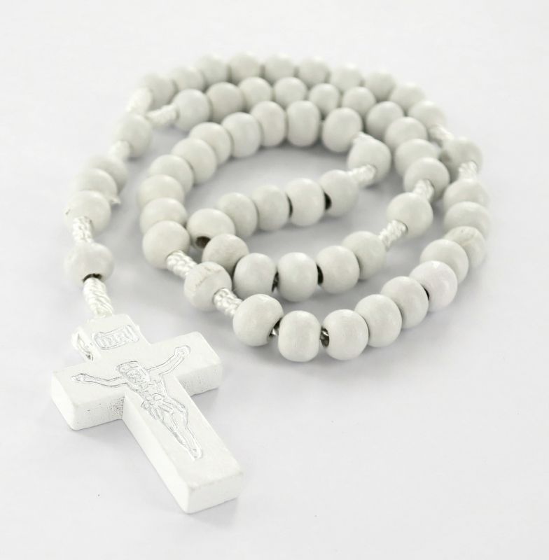 rosario economico in legno tondo bianco diametro mm 7 legatura in seta