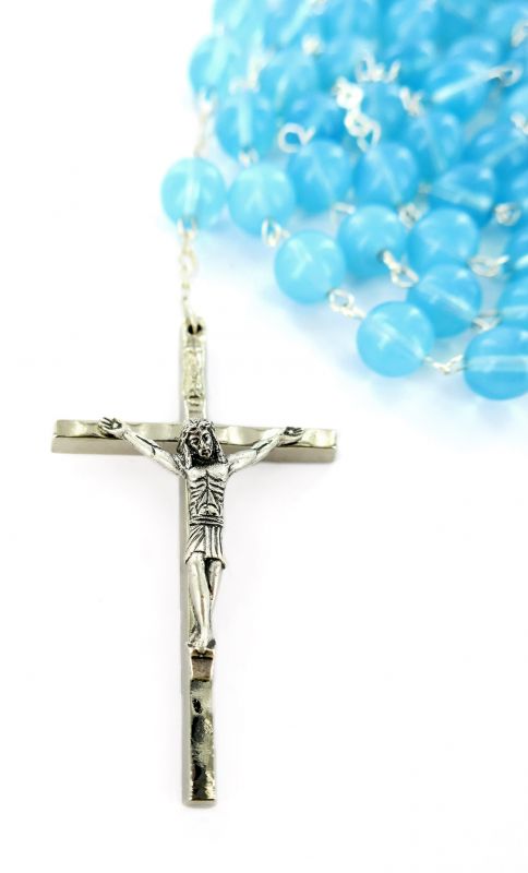 rosario con grani in vetro azzurro da Ø 8 mm