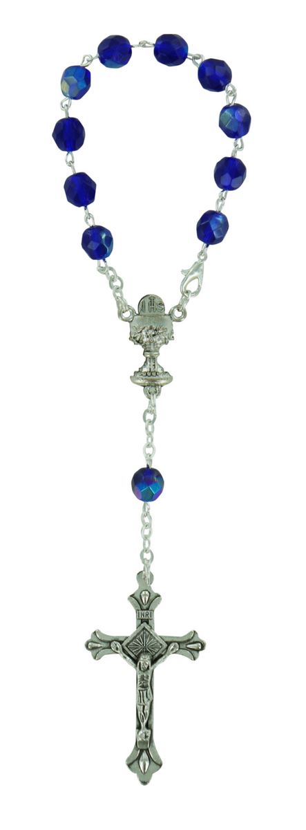 decina 11 grani vetro sfaccettato blu mm 7 con crociera calice 