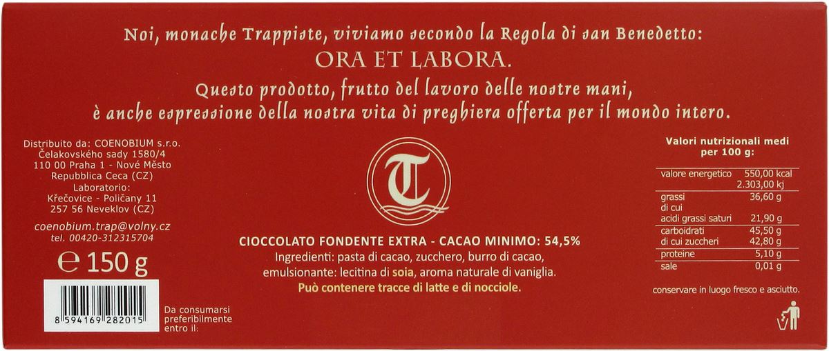 cioccolato artigianale fondente extra da 150 grammi - monache trappiste praga