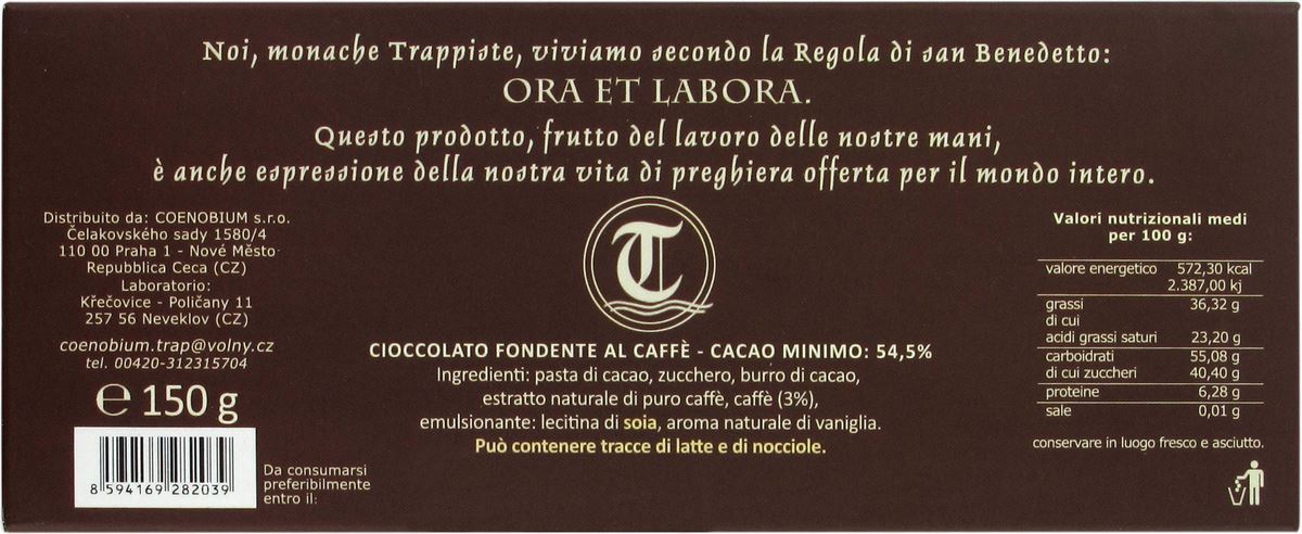 cioccolato artigianale fondente con caffè 150 grammi - monache trappiste praga