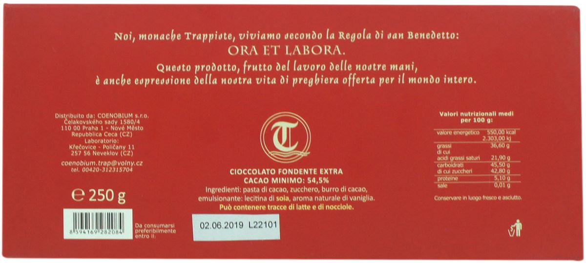 cioccolato artigianale fondente extra da 250 grammi - monache trappiste praga