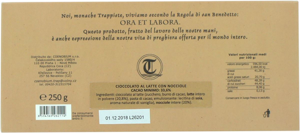 cioccolato artigianale latte con nocciole intere 250 grammi - monache trappiste praga
