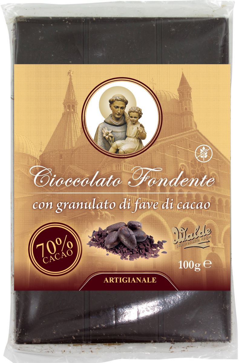 cioccolato fondente con granulato di fave di cacao (70%) linea san antonio di padova