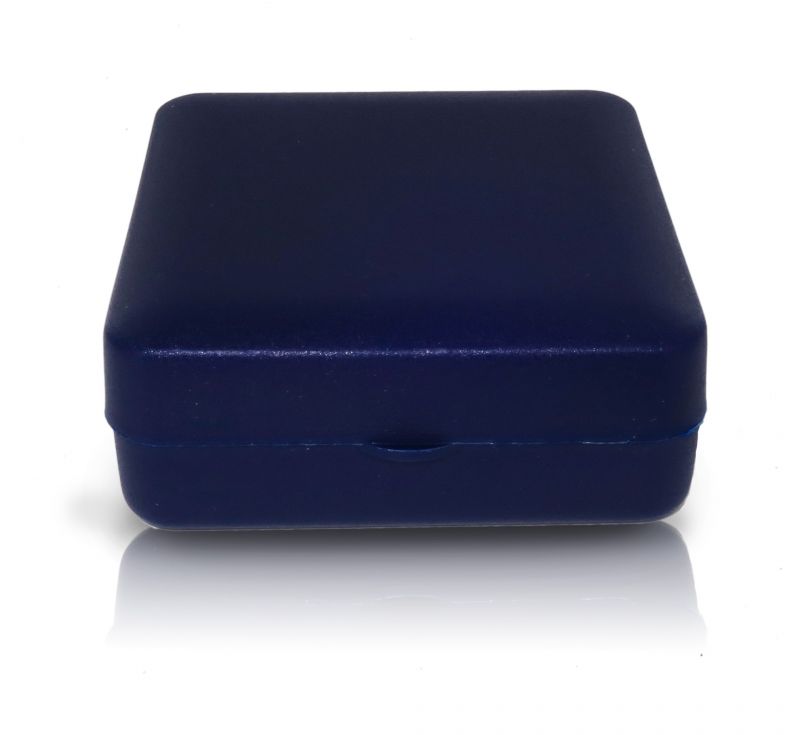 scatolina portarosario in plastica rigida di colore blu - 4 x 4 cm