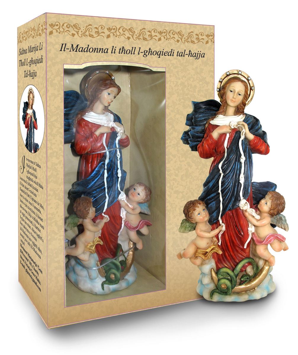 statua di maria che scioglie i nodi da 20 cm in confezione regalo con segnalibro in versione maltese