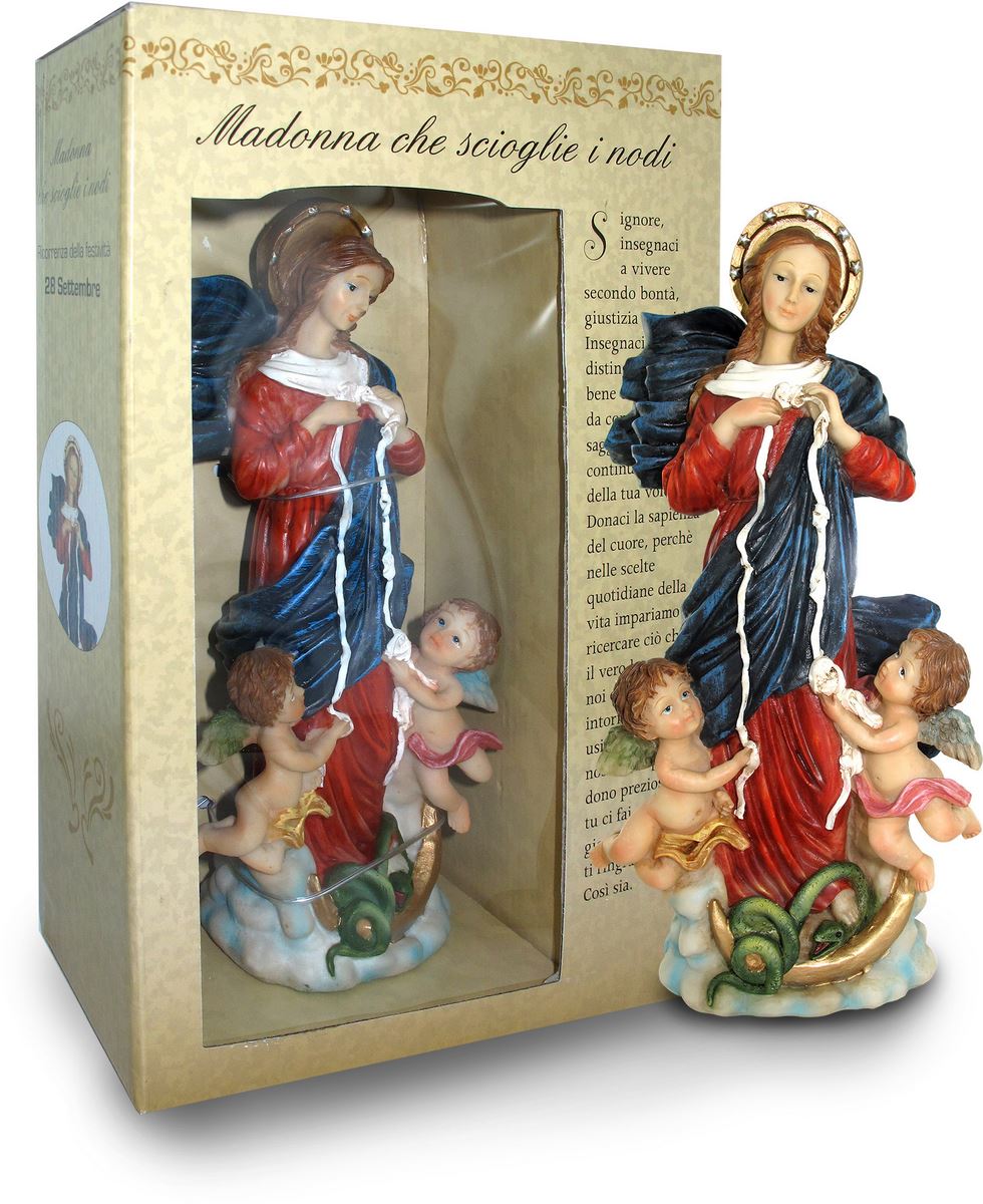statua di maria che scioglie i nodi da 20 cm in confezione regalo con segnalibro in it/en/es/fr