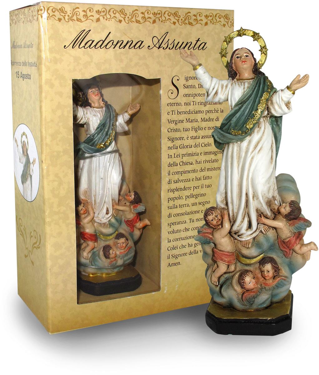 statua della madonna assunta in cielo da 12 cm in confezione regalo con segnalibro