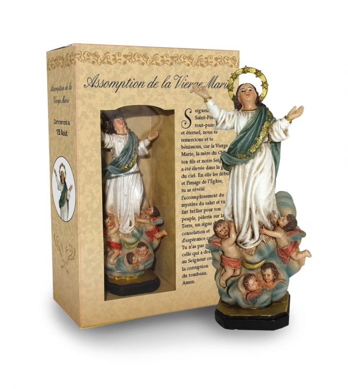 ferrari & arrighetti statua di madonna assunta in cielo da 12 cm in confezione regalo con segnalibro, statuetta personaggio religioso con scatola regalo decorativa, testi in francese