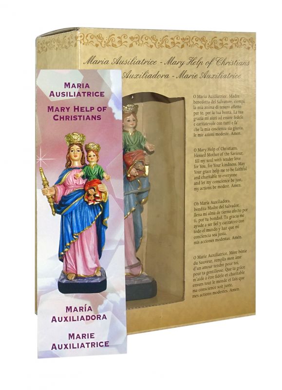 ferrari & arrighetti statua di maria ausiliatrice da 12 cm in confezione regalo con segnalibro, statuetta personaggio religioso con scatola regalo decorativa, testi in it/en/es/fr