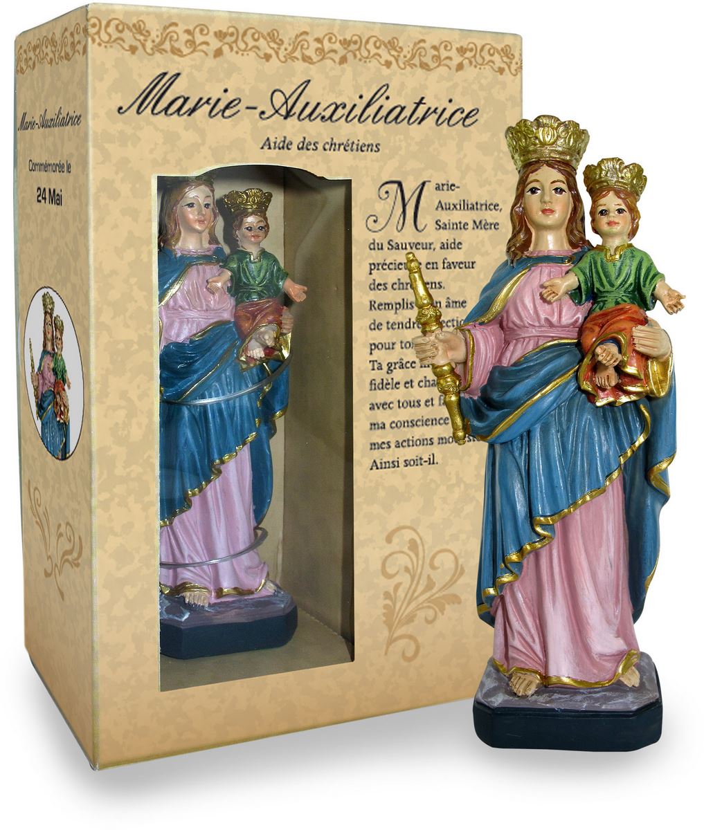 statua di maria ausiliatrice da 12 cm in confezione regalo con segnalibro in versione francese