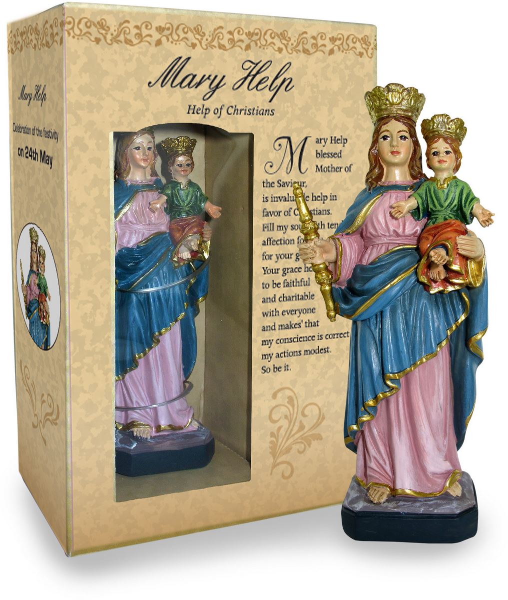 statua di maria ausiliatrice da 12 cm in confezione regalo con segnalibro in versione inglese