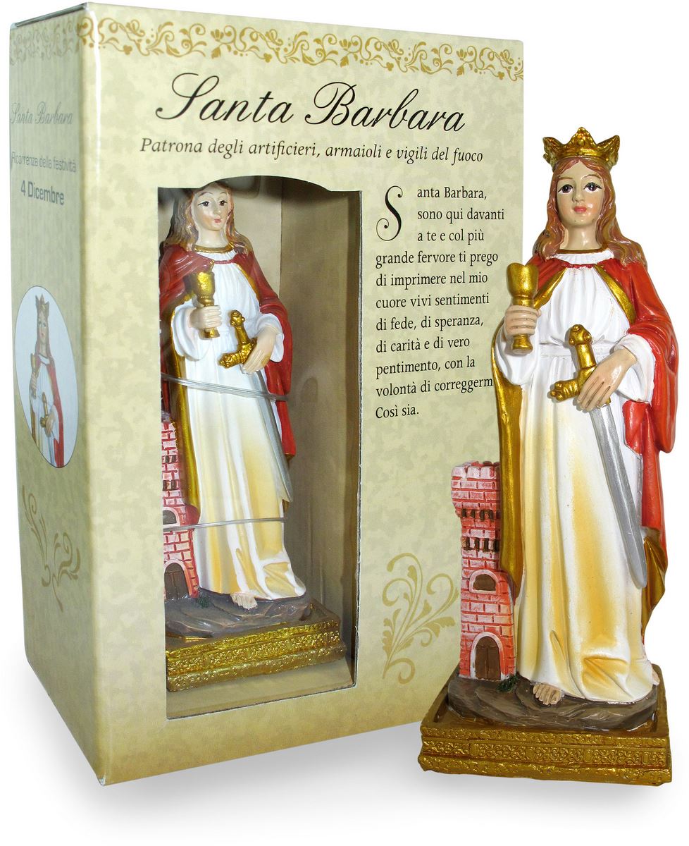 ferrari & arrighetti statua di santa barbara da 12 cm in confezione regalo con segnalibro, statuetta personaggio religioso con scatola regalo decorativa, testi in it