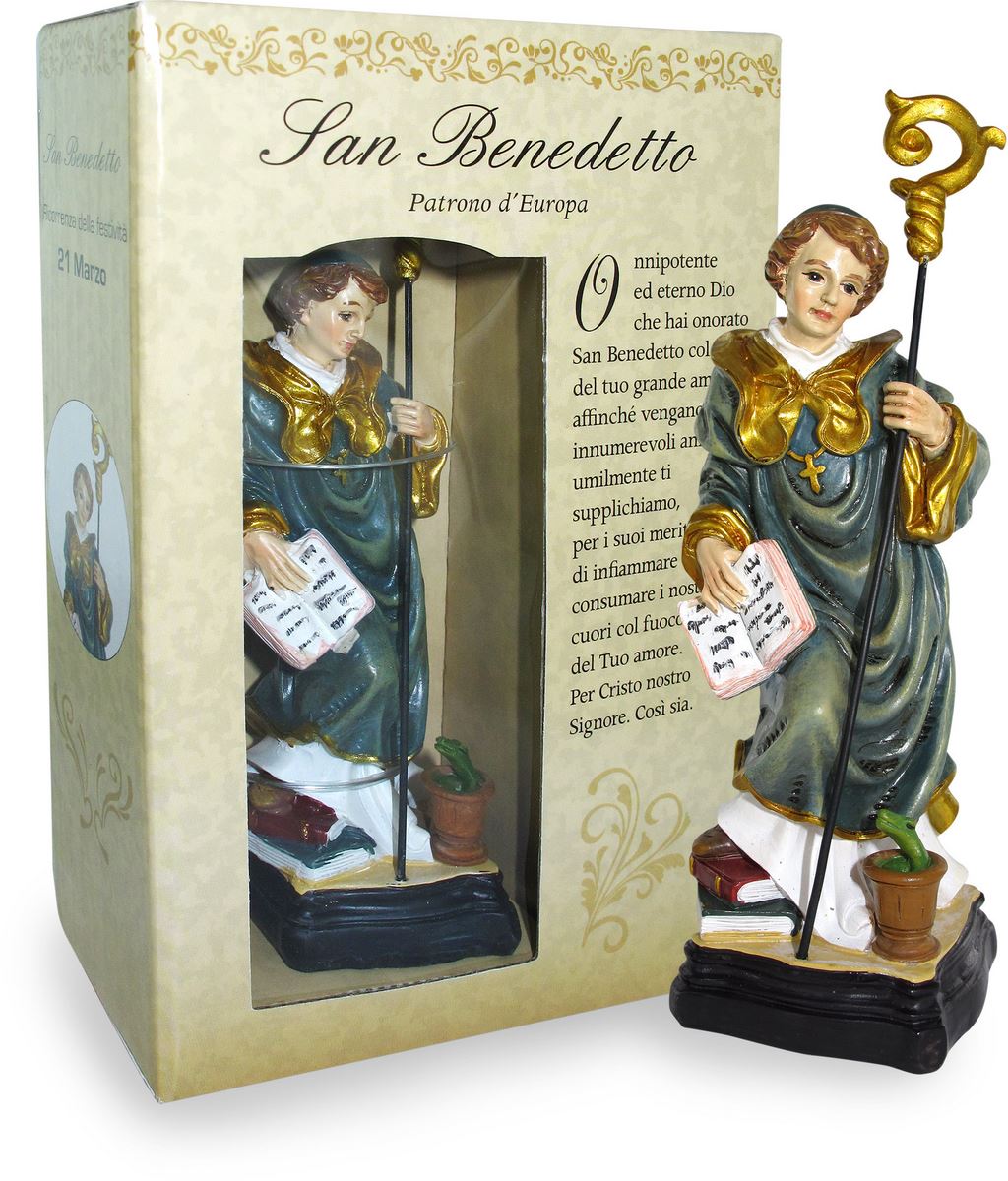 statua di san benedetto da 12 cm in confezione regalo con segnalibro