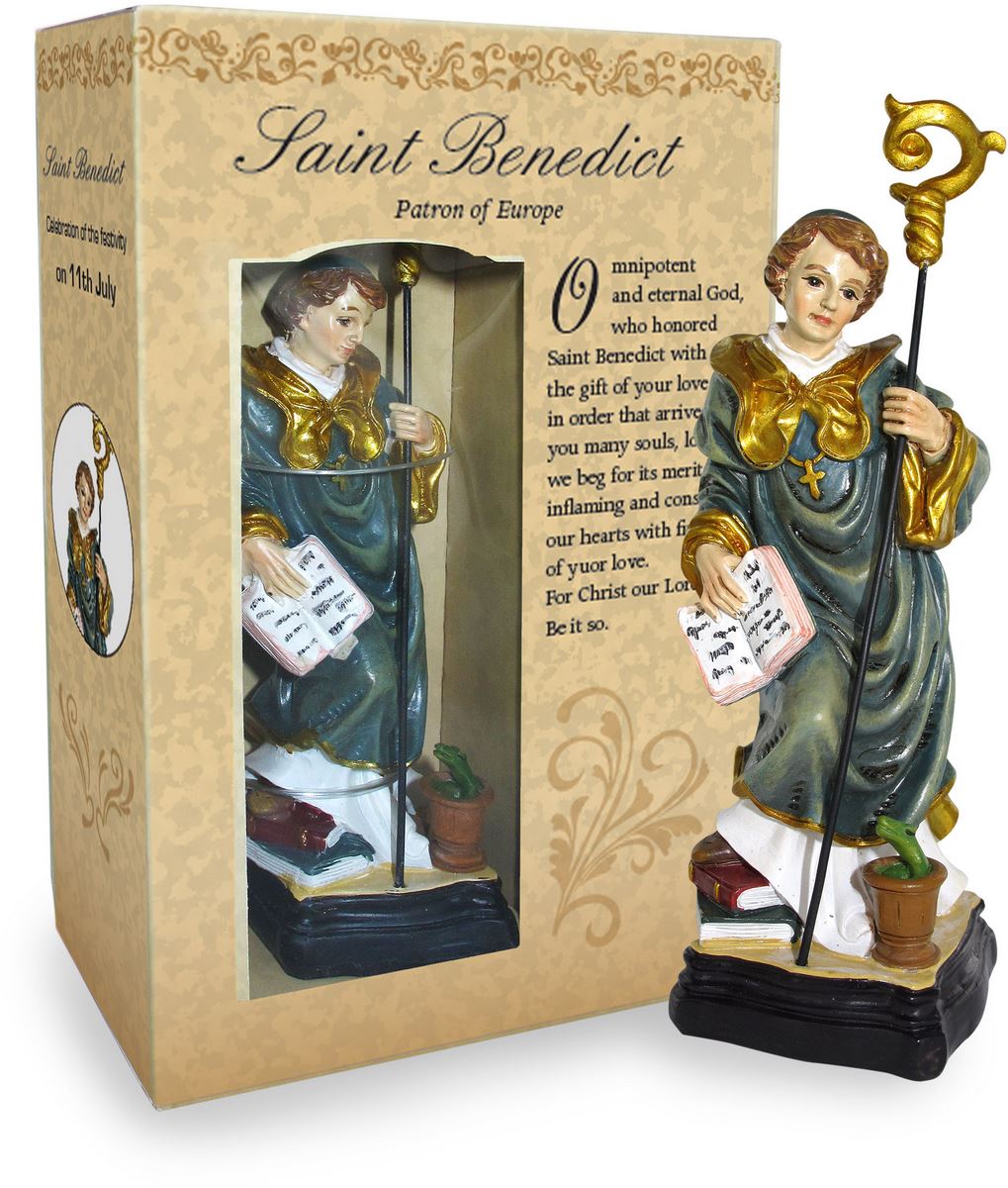 statua di san benedetto da 12 cm in confezione regalo con segnalibro in versione inglese