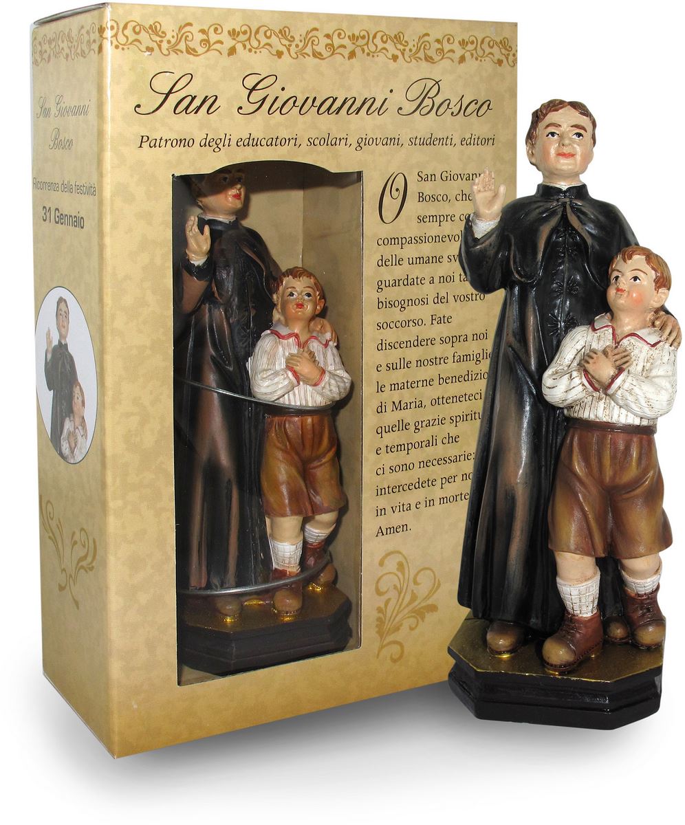 statua di san giovanni bosco con bambino da 12 cm in confezione regalo con segnalibro	