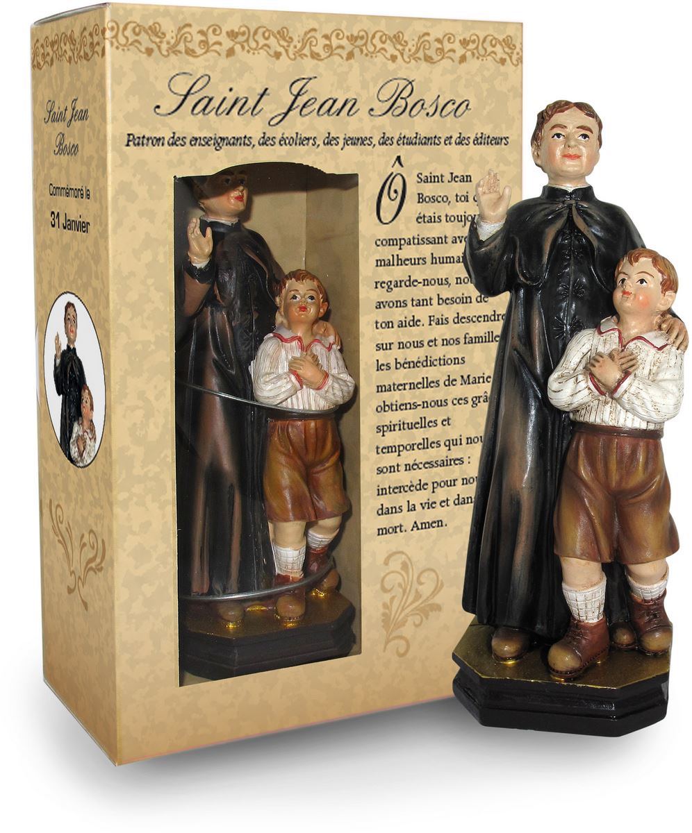 statua di san giovanni bosco con bambino da 12 cm in confezione regalo con segnalibro in versione francese