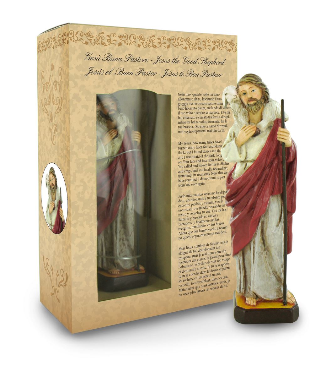 ferrari & arrighetti statua di cristo buon pastore di 12 cm in confezione regalo con segnalibro, statuetta personaggio religioso con scatola regalo decorativa, testi in it/en/es/fr