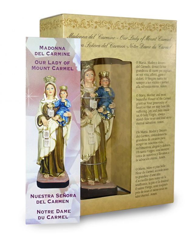 statua della madonna del carmine da 12 cm in confezione regalo con segnalibro in it/en/es/fr