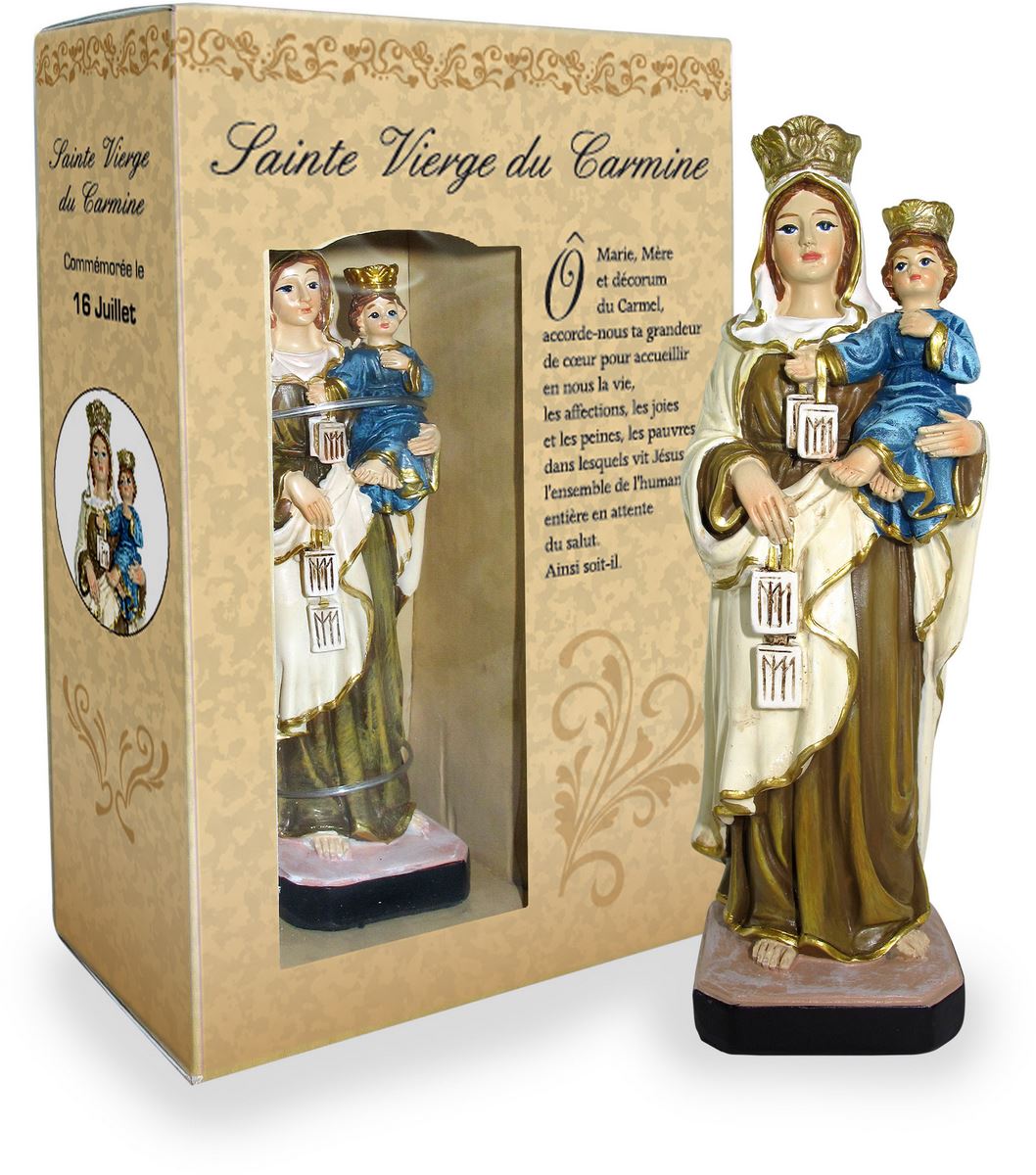 statua di madonna del carmine da 12 cm in confezione regalo con segnalibro in versione francese