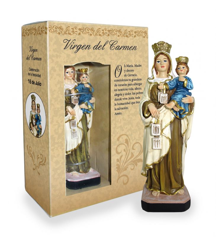 statua di madonna del carmine da 12 cm in confezione regalo con segnalibro in versione spagnolo