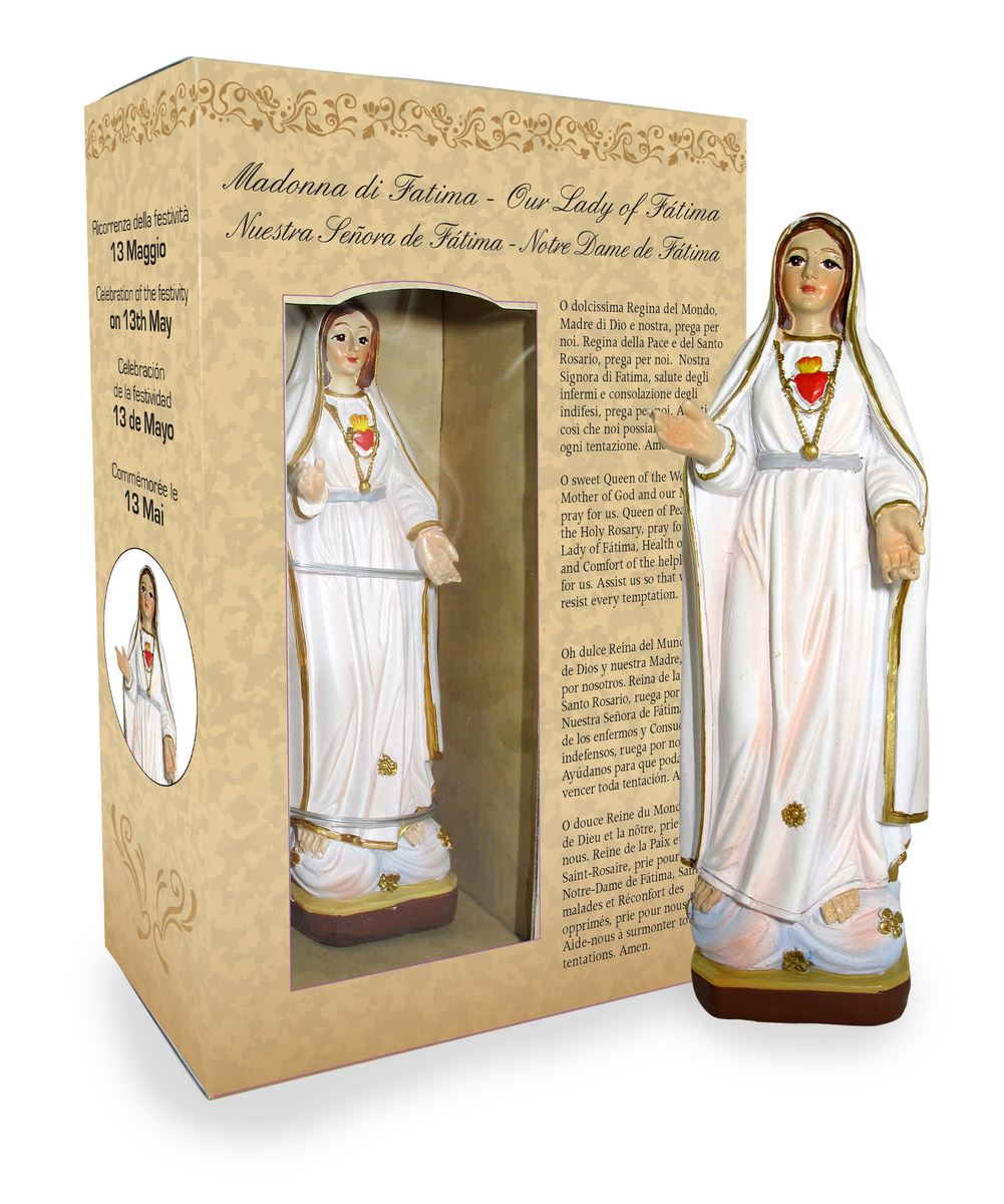 statua della madonna di fatima da 12 cm in confezione regalo con segnalibro in it/en/es/fr