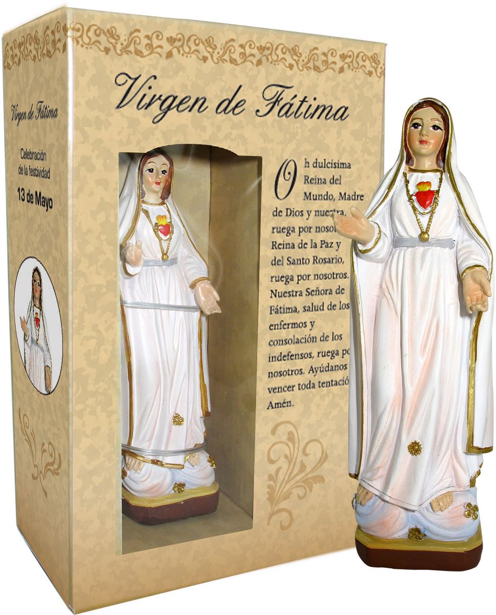 ferrari & arrighetti statua di madonna fatima da 12 cm in confezione regalo con segnalibro, statuetta personaggio religioso con scatola regalo decorativa, testi in spagnolo