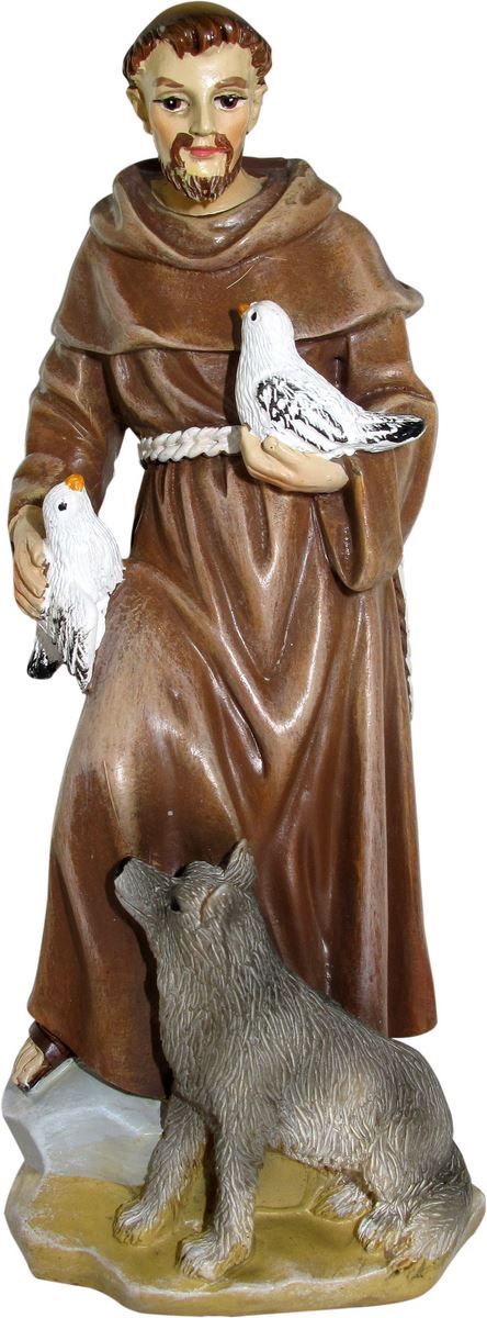 statua di san francesco da 12 cm in confezione regalo con segnalibro in it/en/es/fr