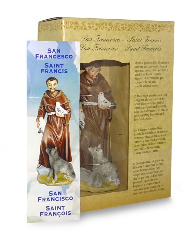 statua di san francesco da 12 cm in confezione regalo con segnalibro in it/en/es/fr