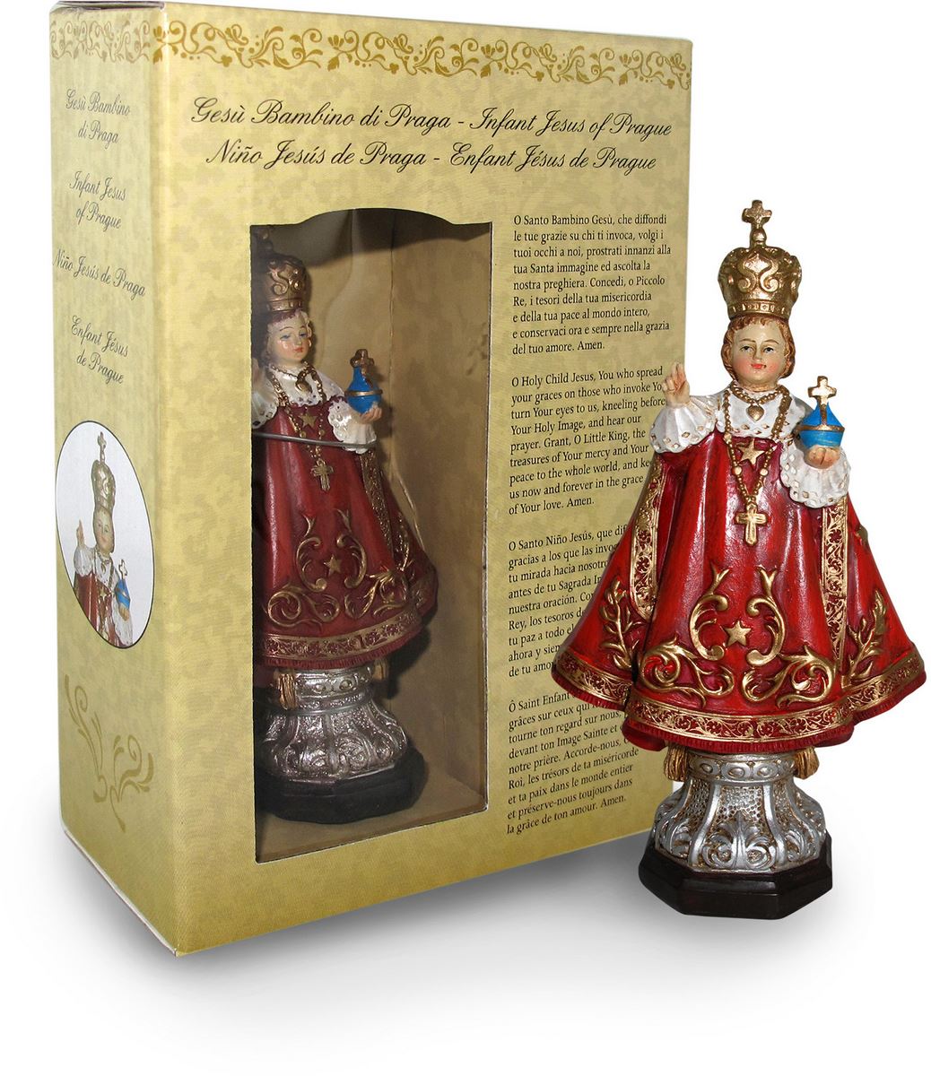 statua del gesù bambino di praga da 12 cm in confezione regalo con segnalibro in it/en/es/fr