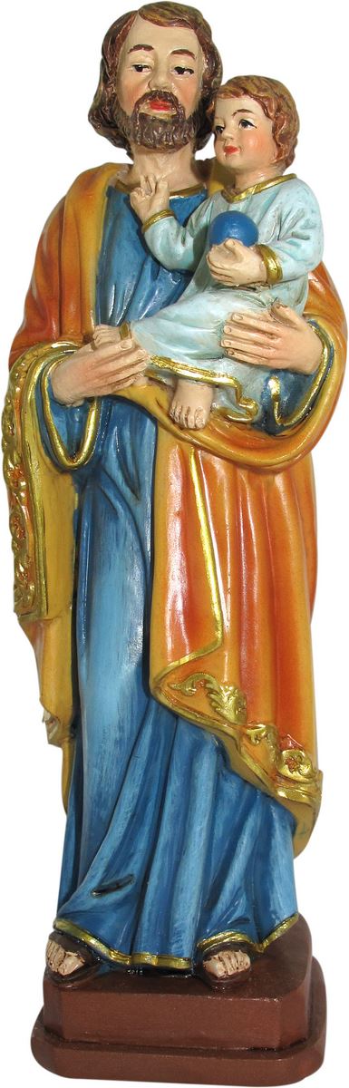 statua di san giuseppe con bambino da 12 cm in confezione regalo con segnalibro in it/en/es/fr