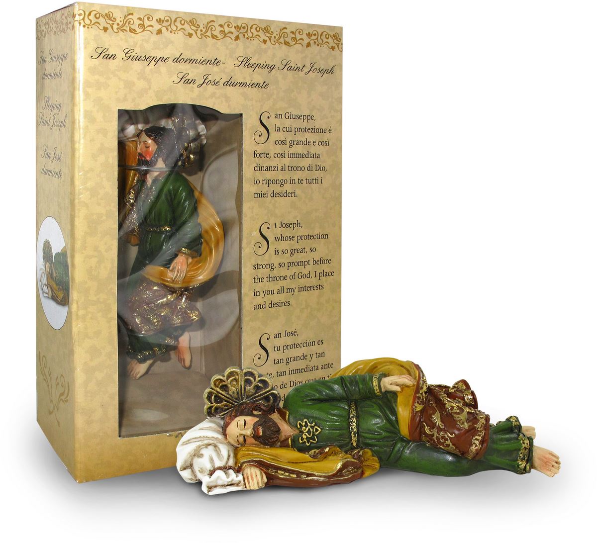 statua di san giuseppe dormiente da 12 cm in confezione regalo con segnalibro in it/en/es