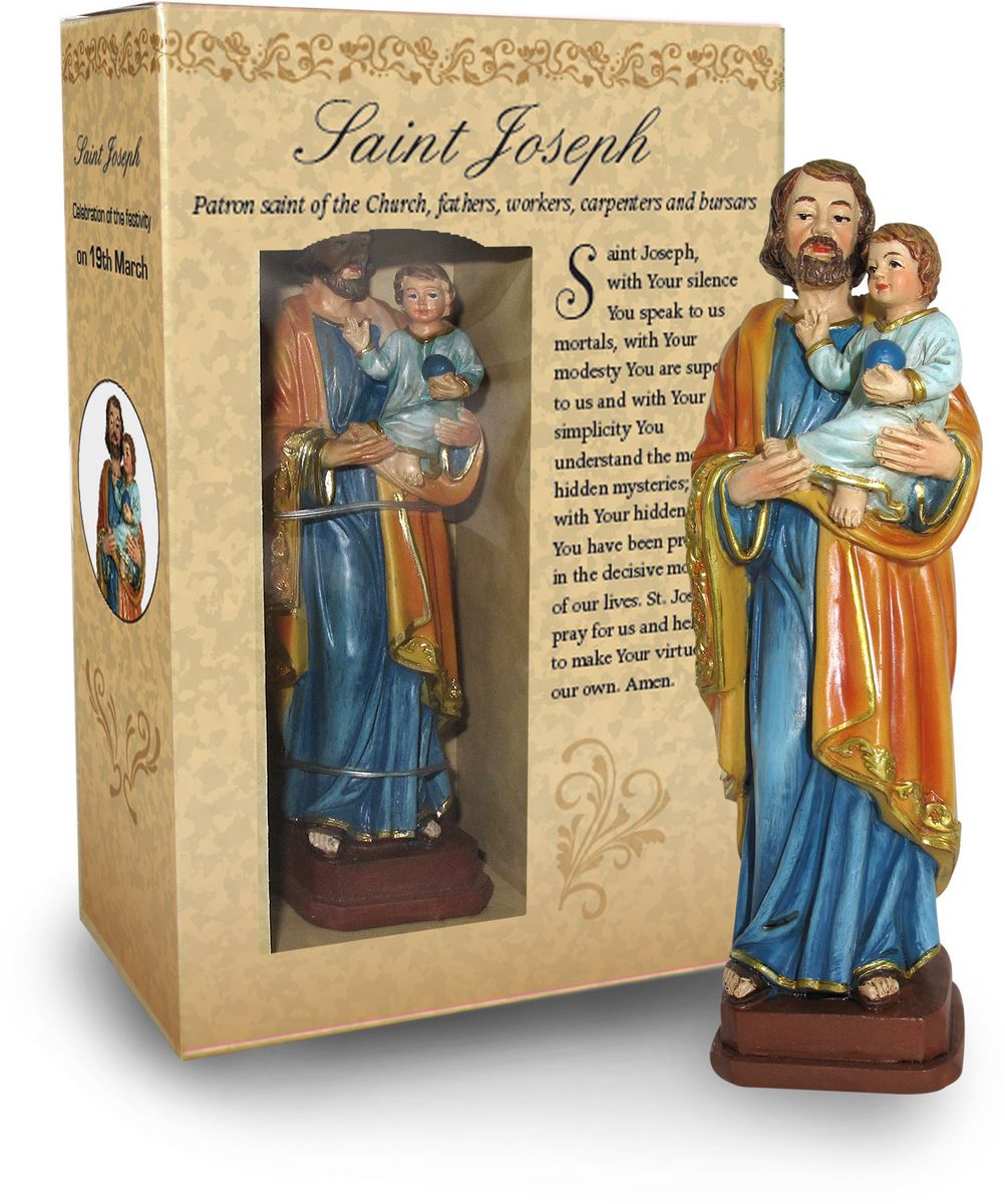 statua di san giuseppe con bambino da 12 cm in confezione regalo con segnalibro in versione inglese