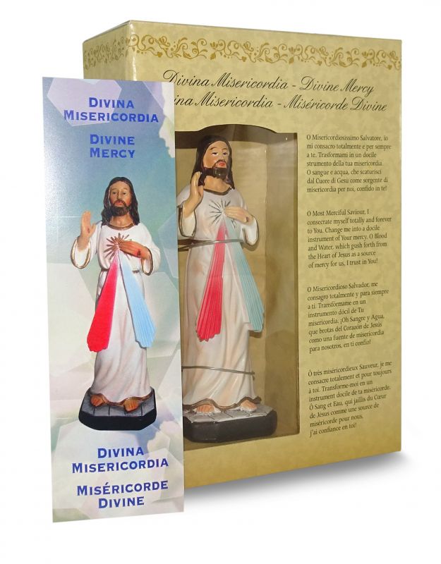 statua di gesù misericordioso da 12 cm in confezione regalo con segnalibro in it/en/es/fr