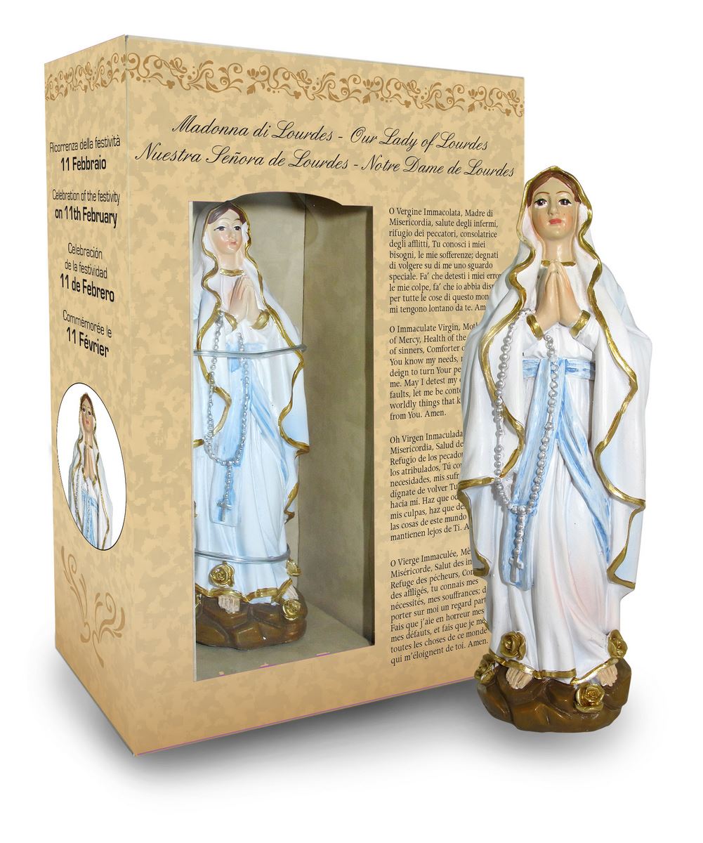statua della madonna di lourdes da 12 cm in confezione regalo con segnalibro in it/en/es/fr