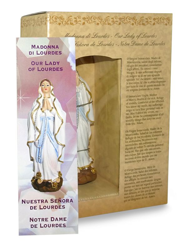 ferrari & arrighetti statua della madonna di lourdes da 12 cm in confezione regalo con segnalibro, statuetta personaggio religioso con scatola regalo decorativa, testi in it/en/es/fr
