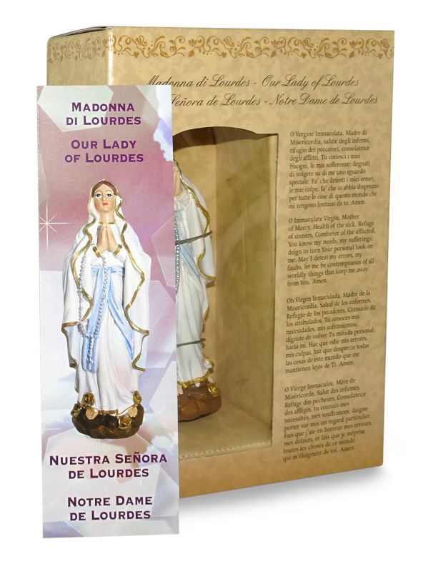 ferrari & arrighetti statua della madonna di lourdes da 12 cm in confezione regalo con segnalibro, statuetta personaggio religioso con scatola regalo decorativa, testi in it/en/es/fr