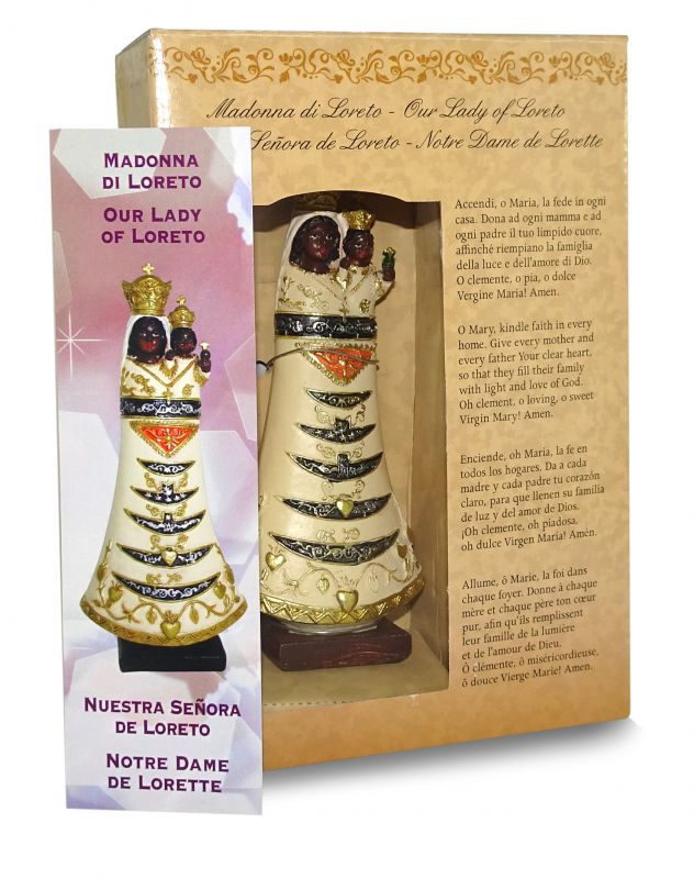statua della madonna di loreto da 12 cm in confezione regalo con segnalibro in it/en/es/fr