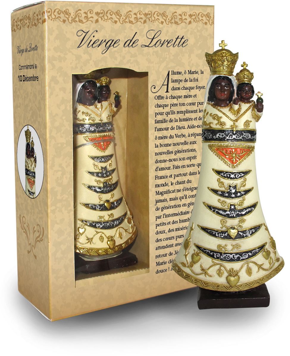 statua della madonna di loreto da 12 cm in confezione regalo con segnalibro in versione francese	