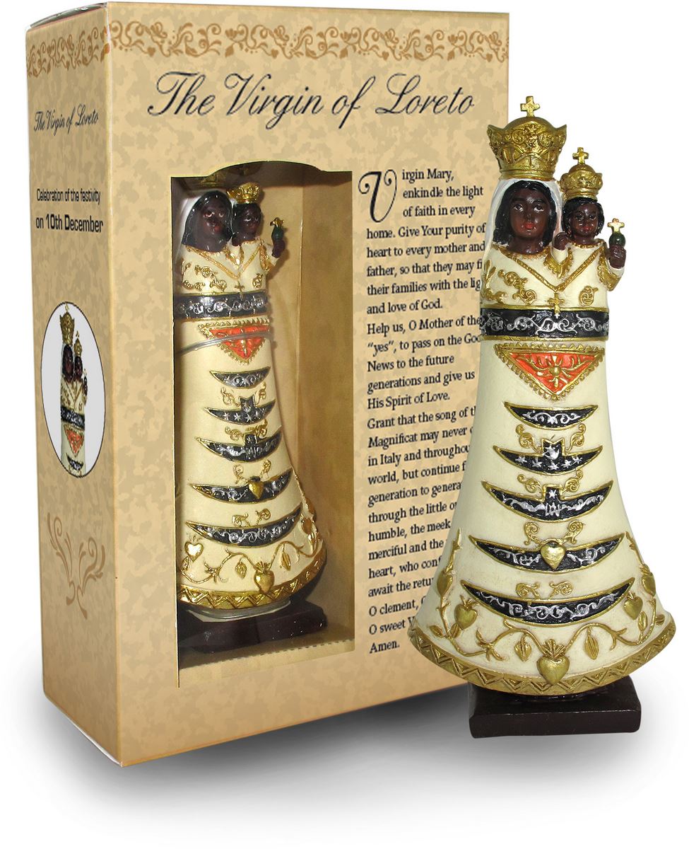 statua della madonna di loreto da 12 cm in confezione regalo con segnalibro in versione inglese