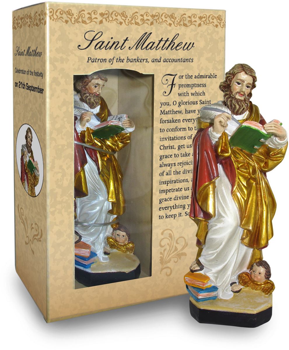 statua di san matteo da 12 cm in confezione regalo con segnalibro in versione inglese